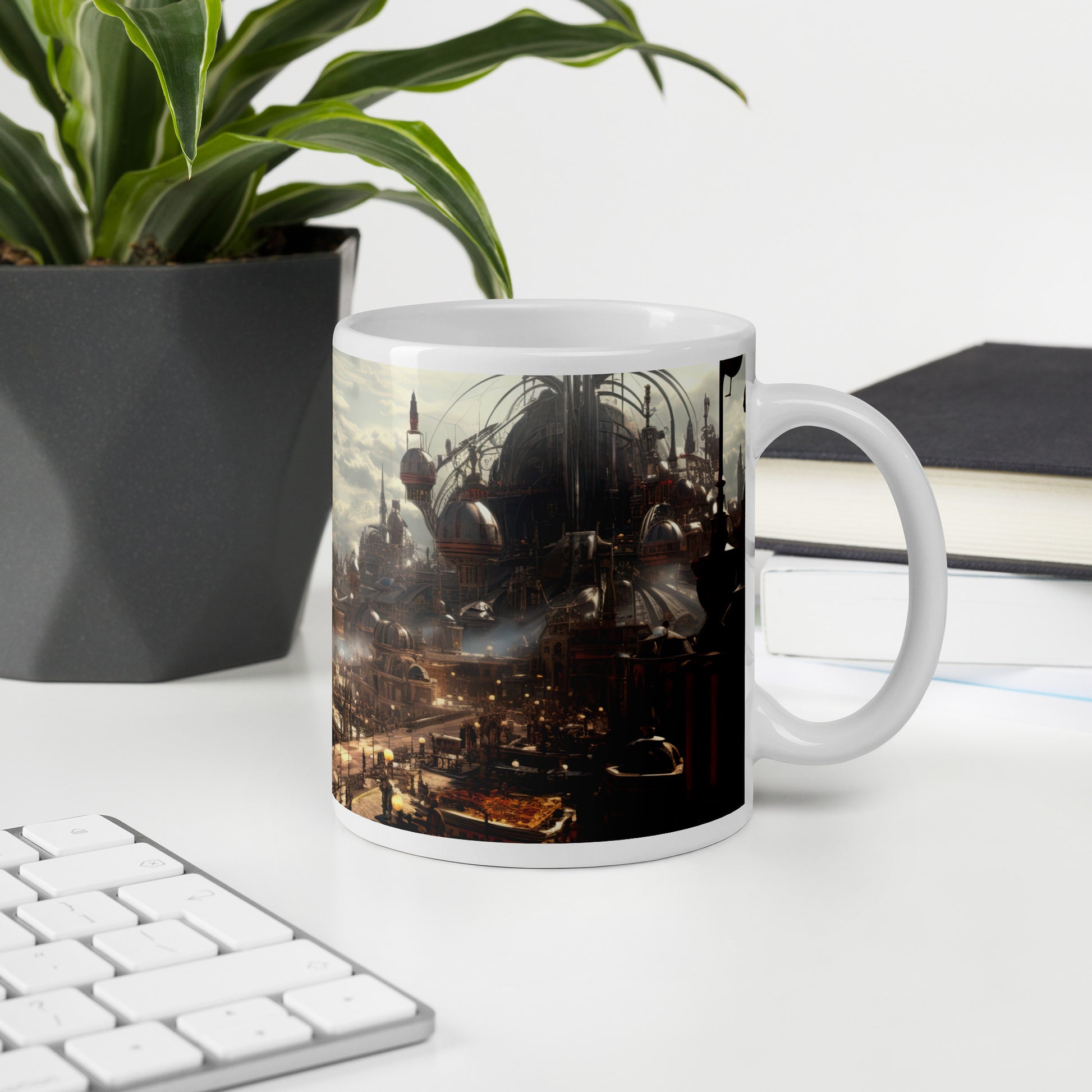 White 11oz sci-fi coffee mug with a full wrap hi-def design of a Steampunk Metropolis with handle on the right on desk.