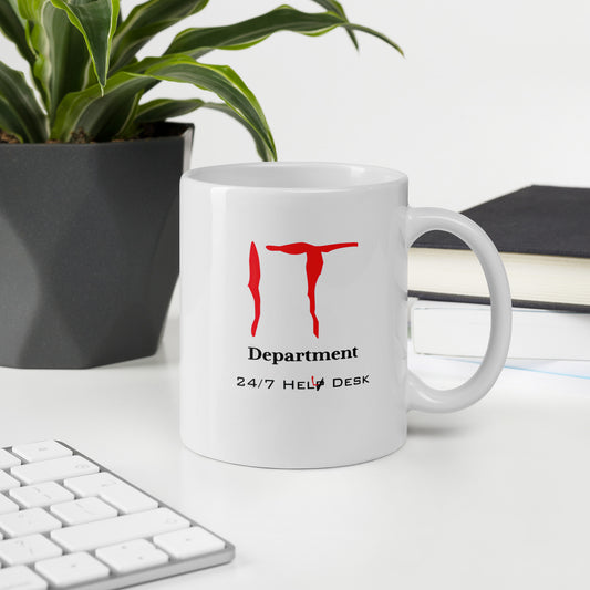 White 11oz tech humor horror coffee mug with a design that reads ‘IT Department’ in the style of Stephen King’s IT.