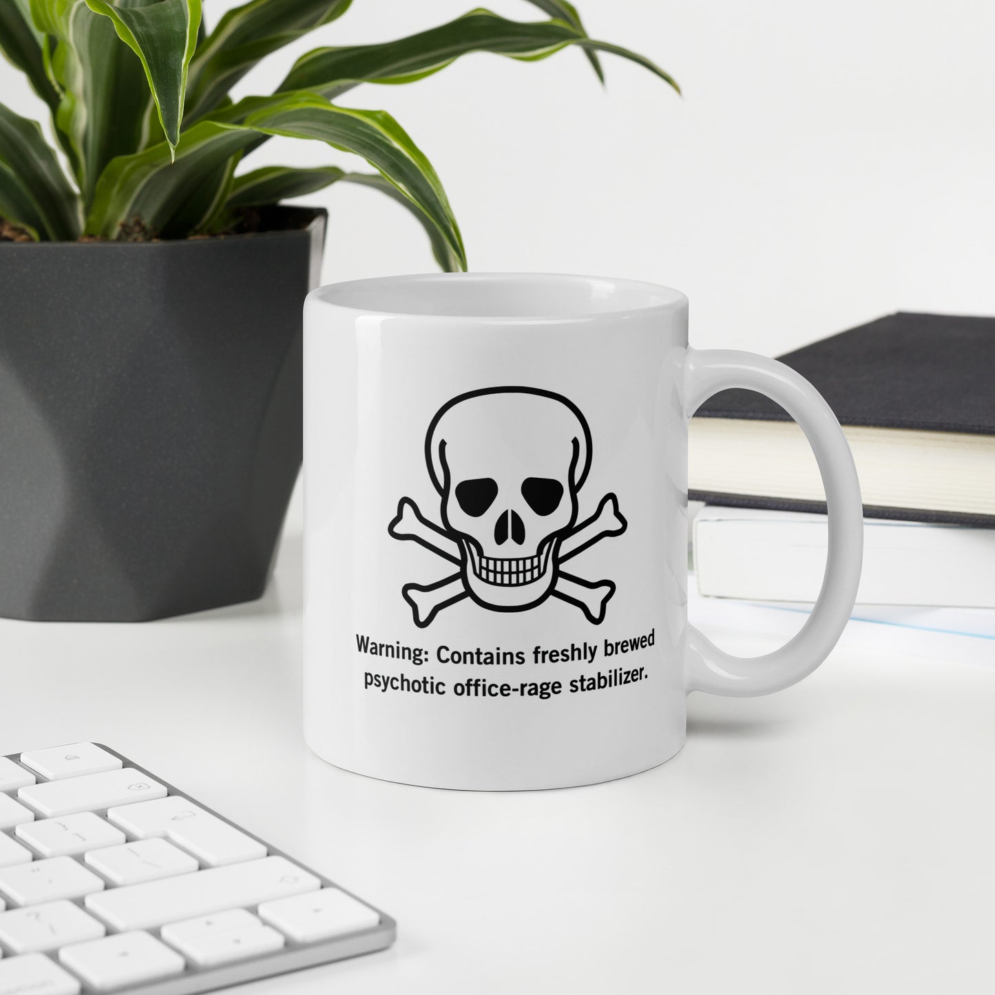 White 11oz tech humor coffee mug with poison logo and slogan ‘Warning: Contains freshly brewed psychotic office-rage stabilizer.’