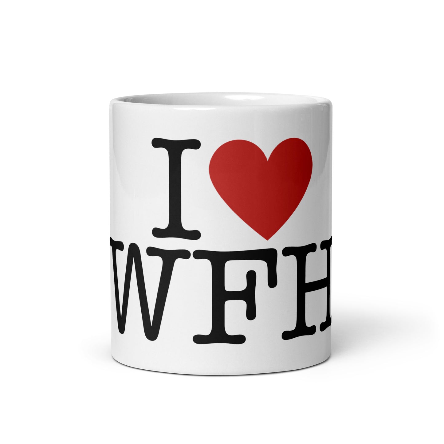 White 11oz tech humor coffee mug with an I Love NY style design in the center that reads ‘I Love WFH’.