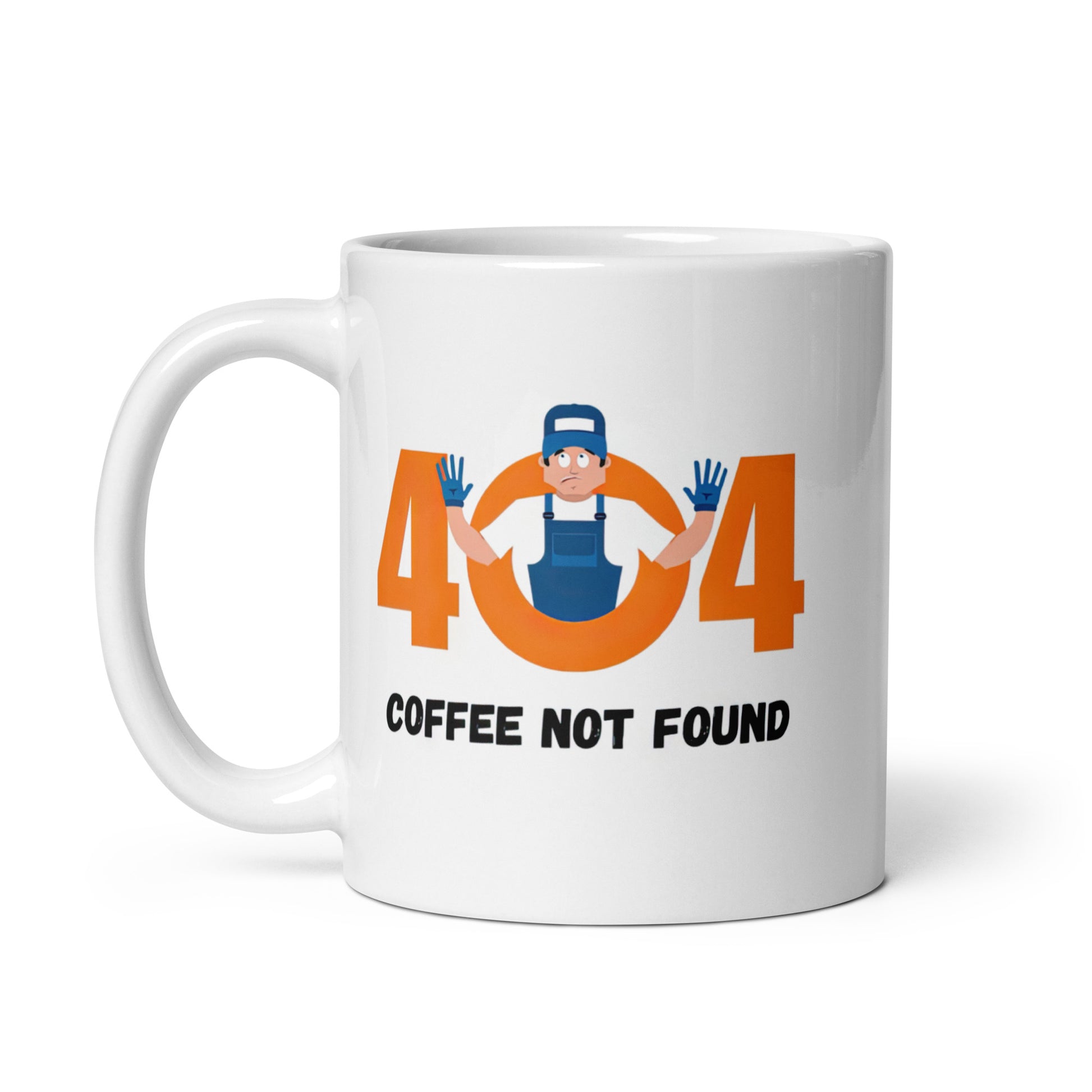 White 11oz tech humor coffee mug featuring slogan “404 Coffee Not Found” with handle on the left.