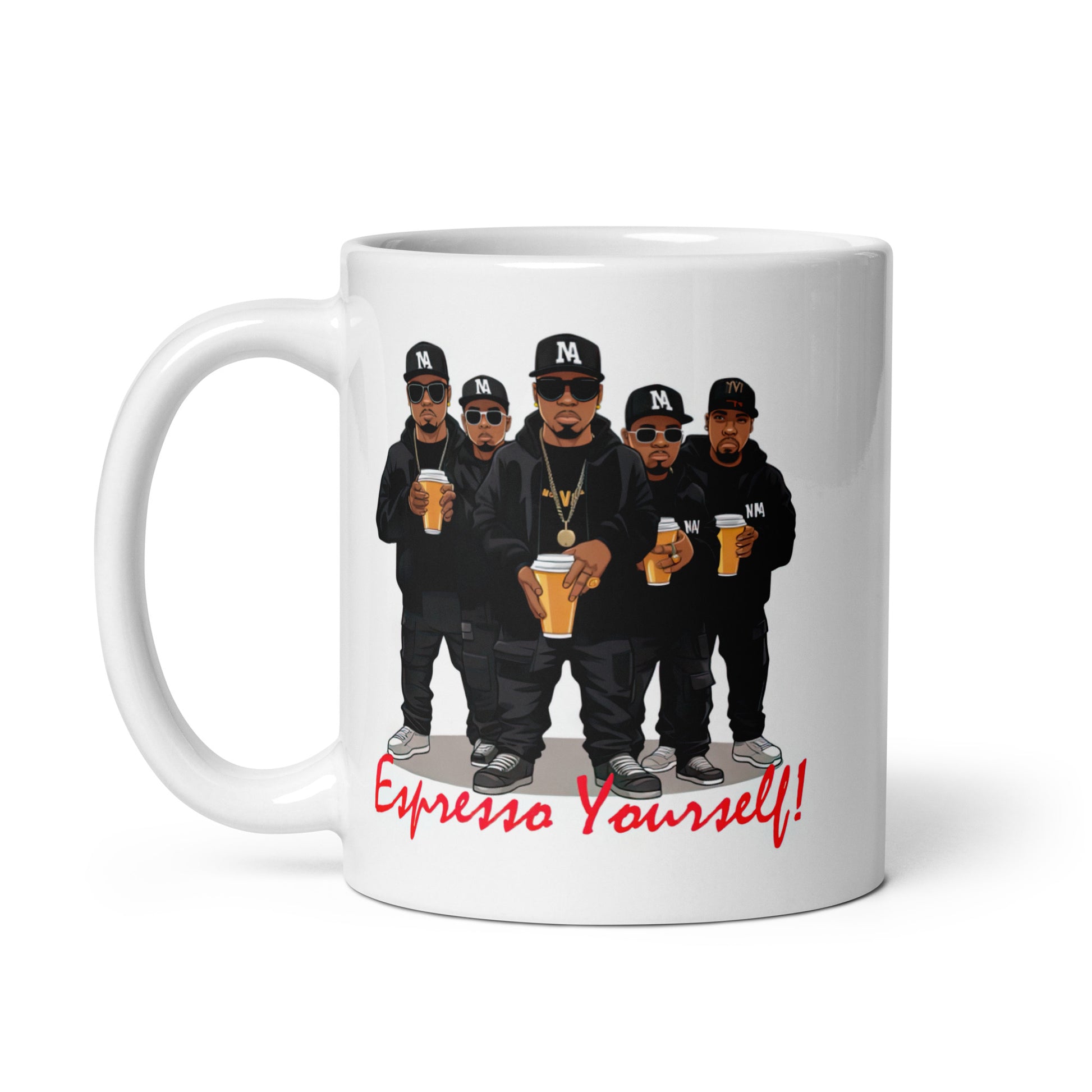 White 11oz retro coffee mug featuring a rap group design with the slogan ‘Espresso Yourself!’ with handle on the left.