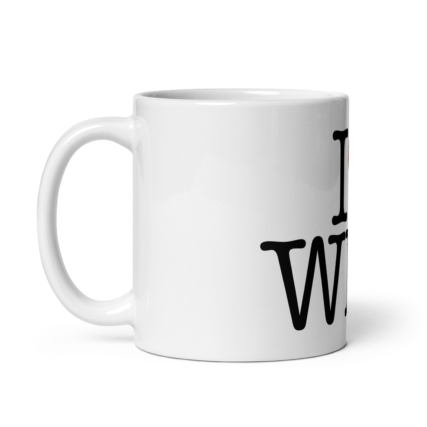 White 11oz tech humor coffee mug with an I Love NY style design in the center that reads ‘I Love WFH’ with handle on left.