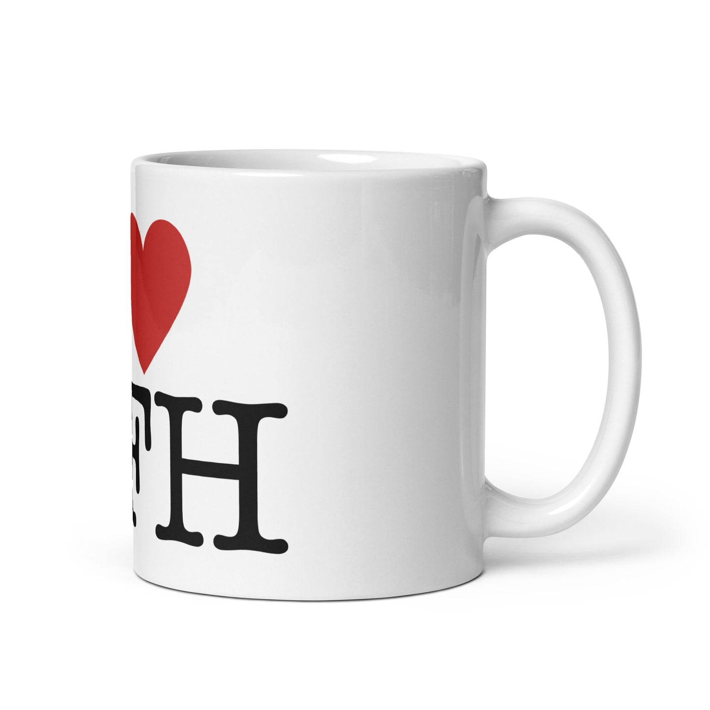 White 11oz tech humor coffee mug with an I Love NY style design in the center that reads ‘I Love WFH’ with handle on right.