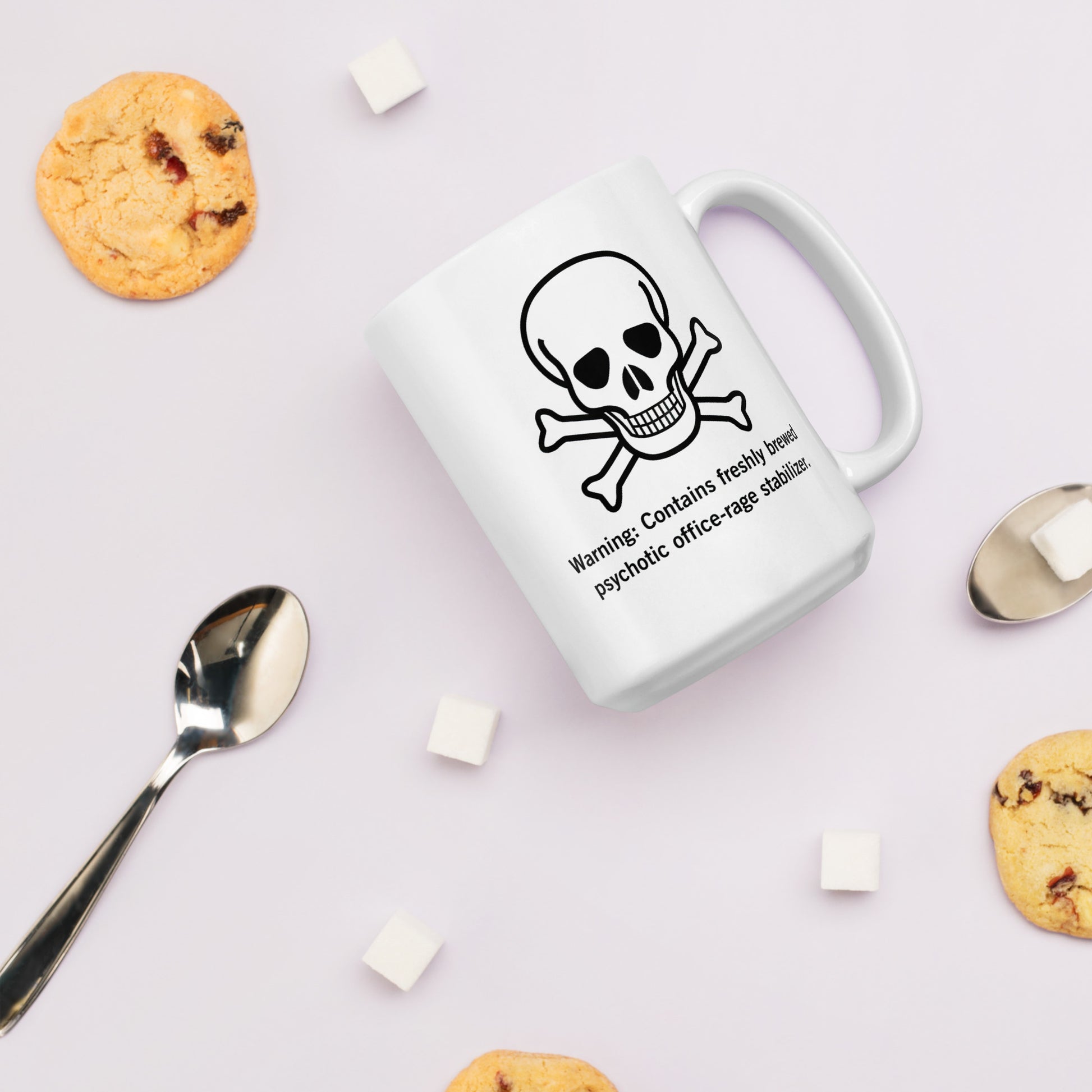 White 15oz tech humor coffee mug with poison logo and slogan ‘Warning: Contains freshly brewed psychotic office-rage stabilizer.’