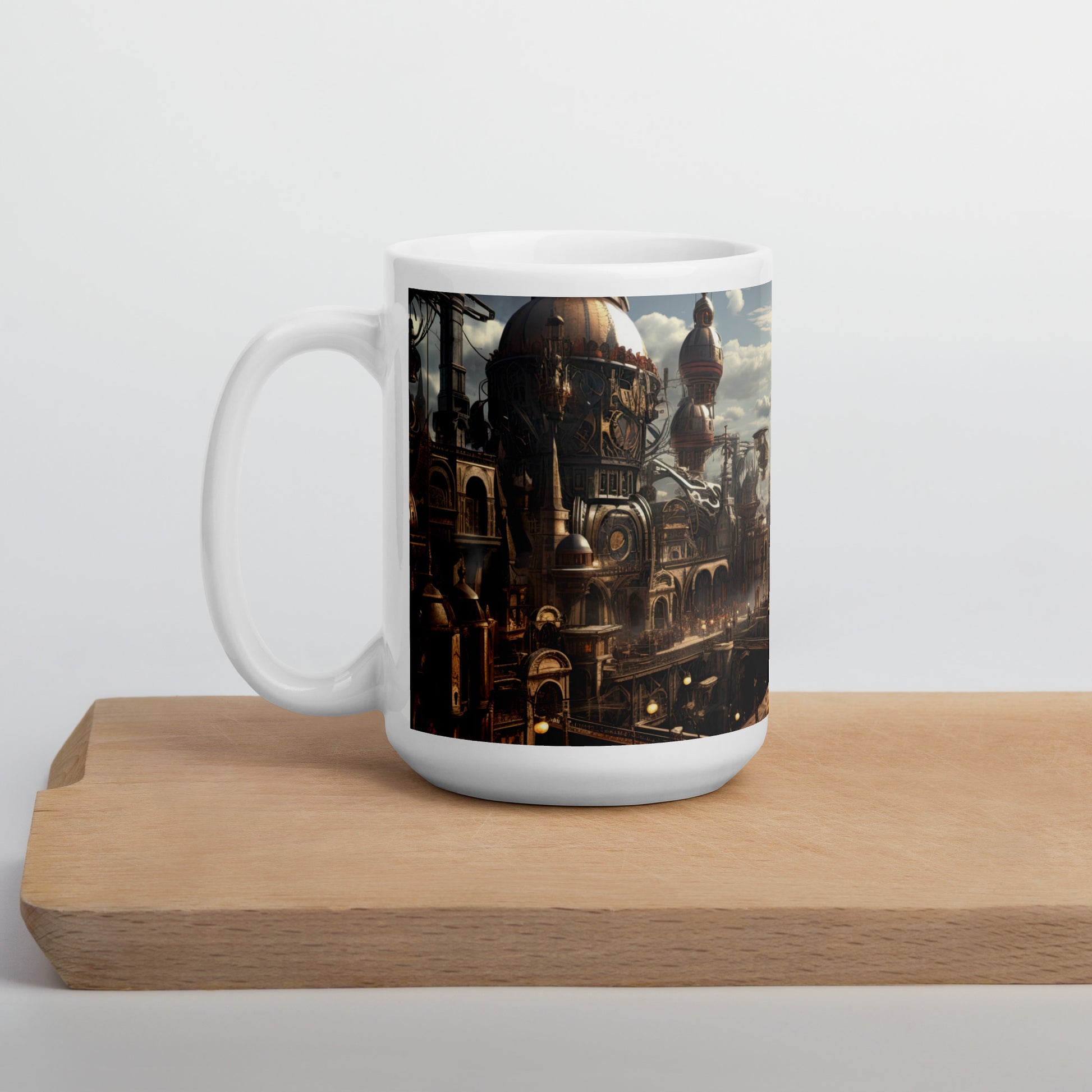 White 15oz sci-fi coffee mug with a full wrap hi-def design of a Steampunk Metropolis with handle on the left on cutting board.