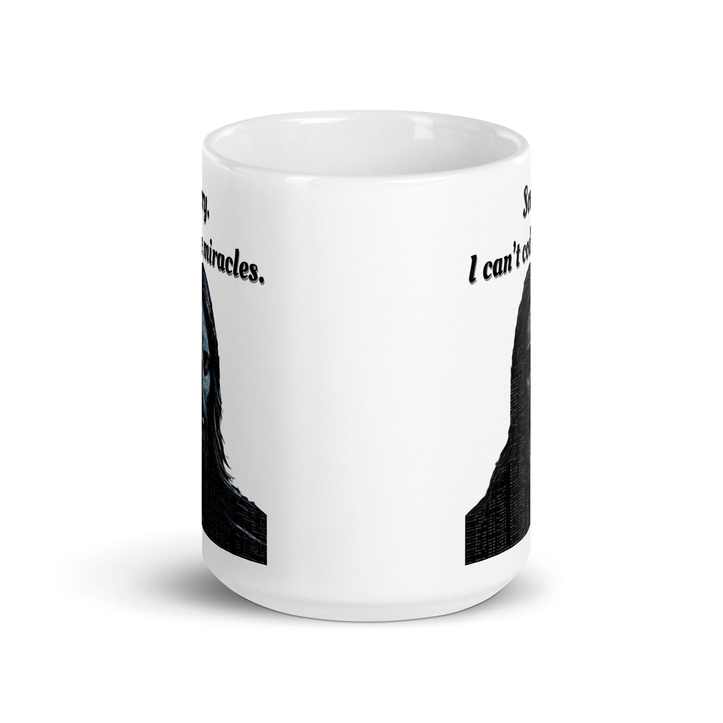 White 15oz tech humor coffee mug with a portrait of Jesus in code and the slogan ‘Sorry. I can't code miracles.’