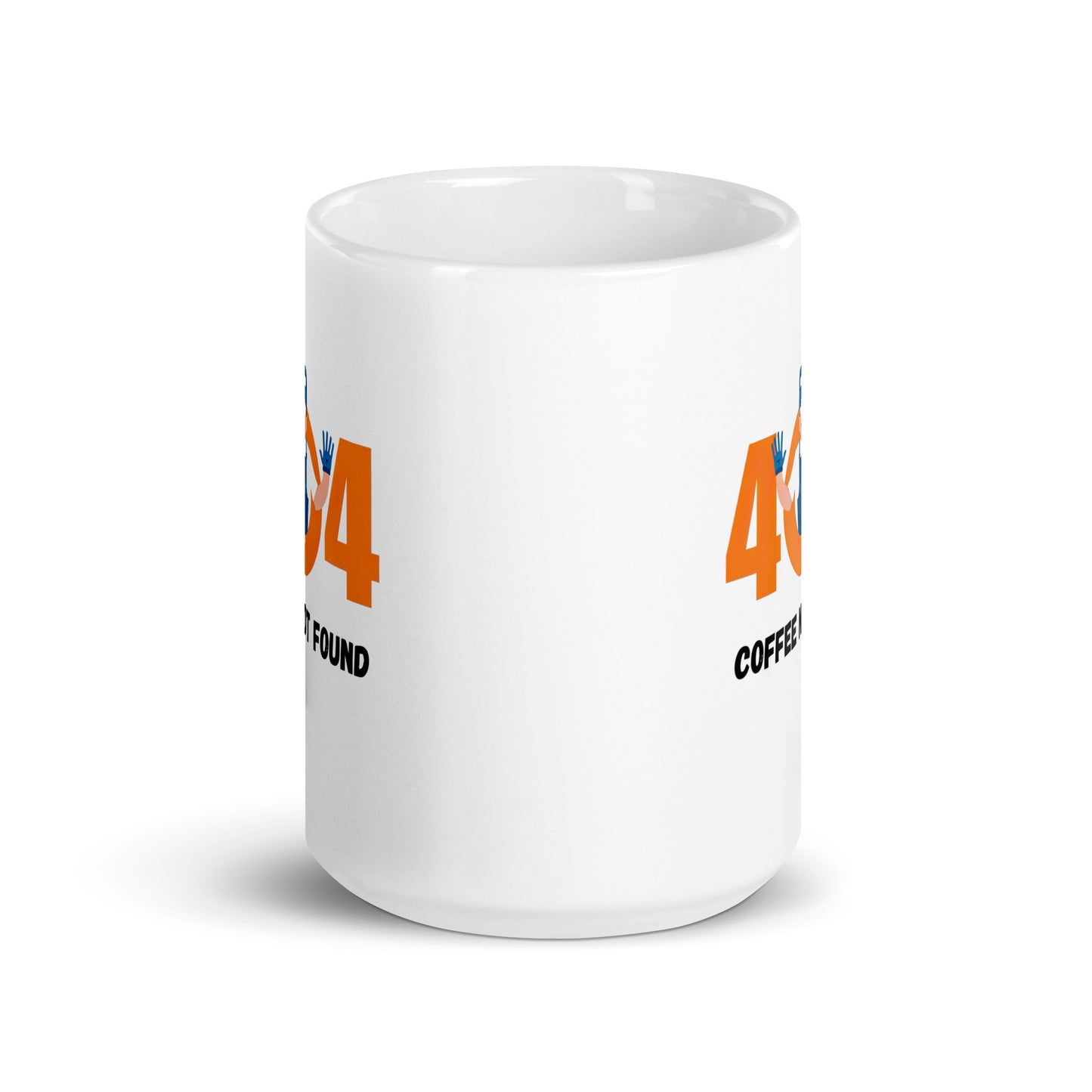 White 15oz tech humor coffee mug featuring slogan “404 Coffee Not Found”. Centre of mug.