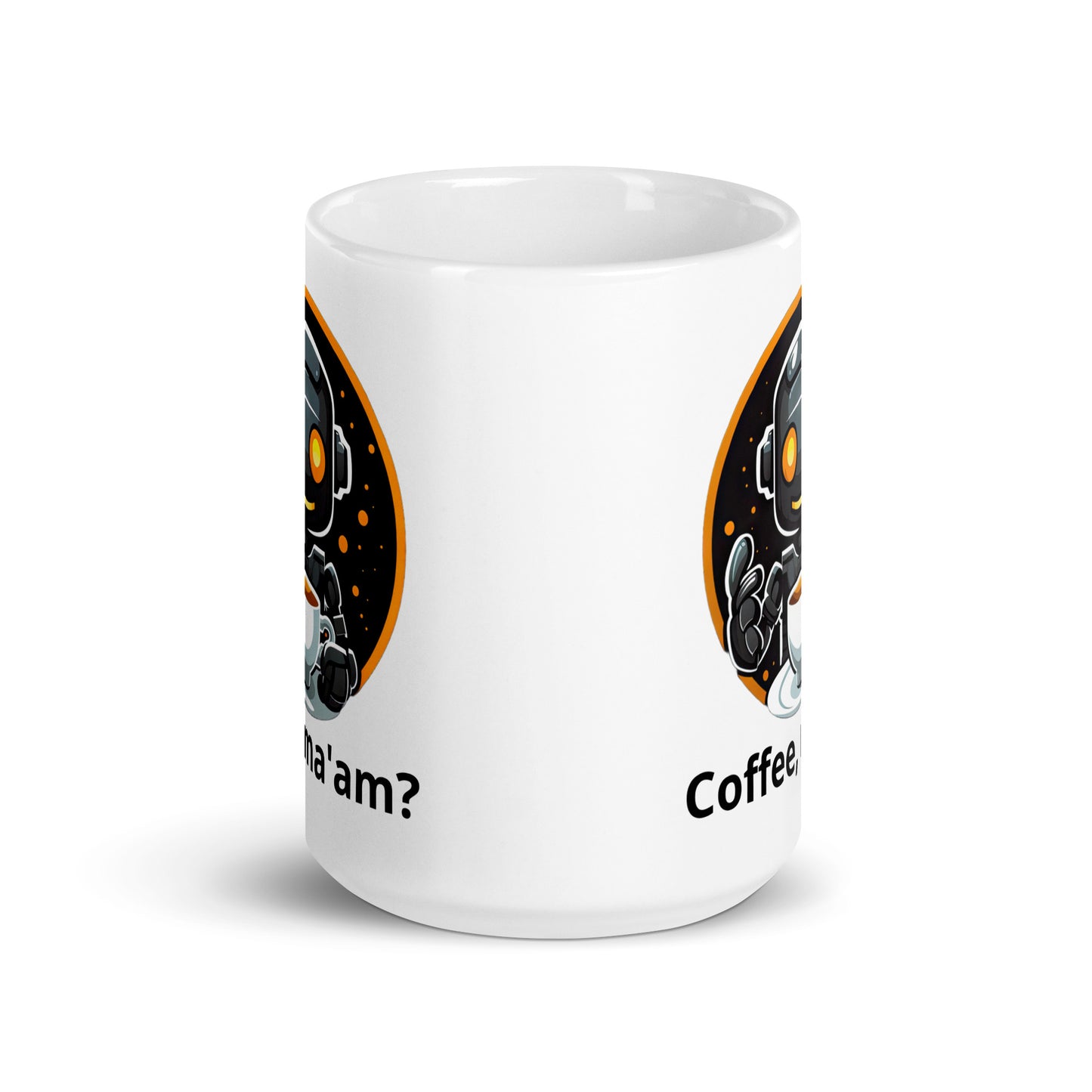 White 15oz robot themed coffee mug featuring a robot barista design with the slogan “Coffee, ma’am?”