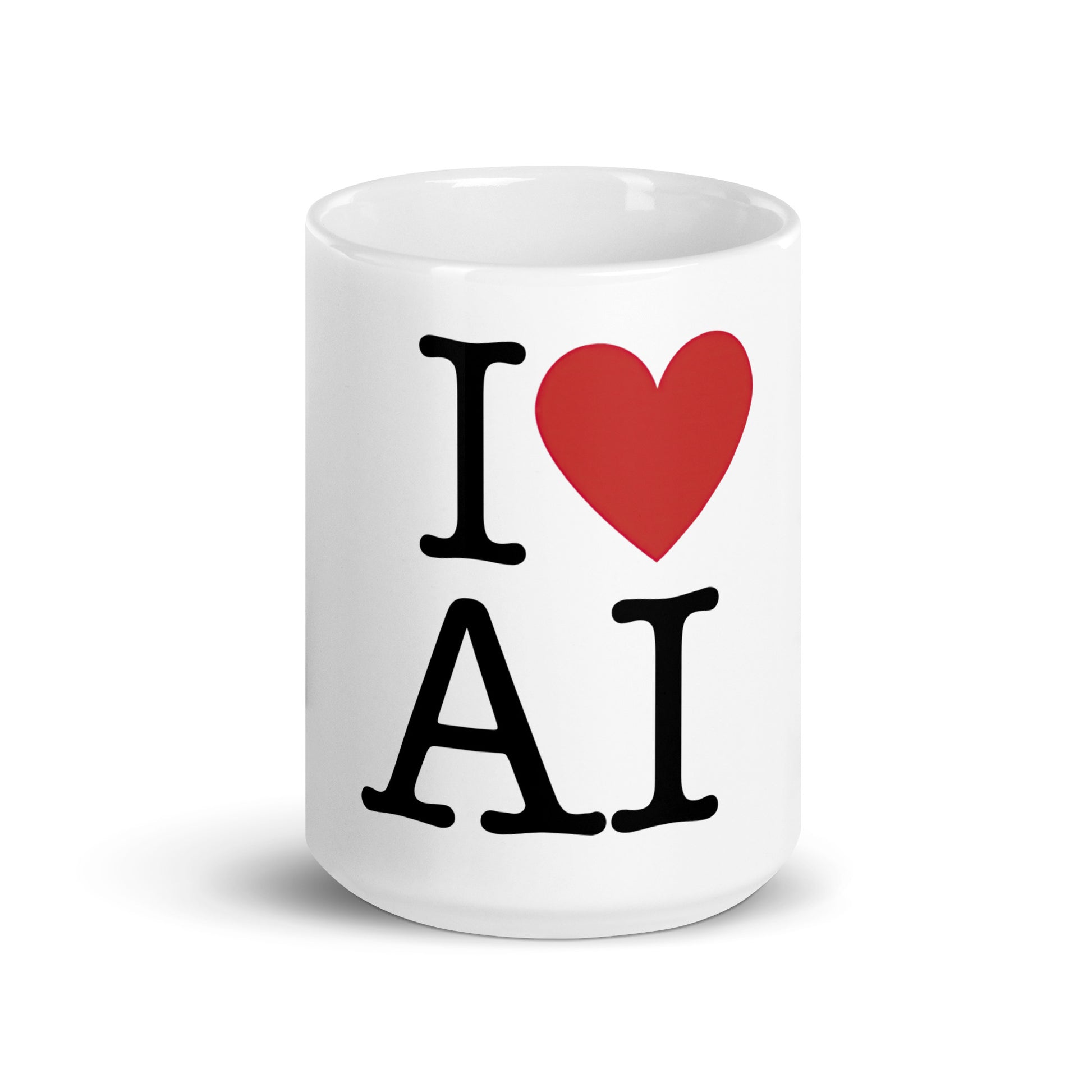 White 15oz AI themed coffee mug with an I Love NY type slogan in the centre ‘I Love AI’.