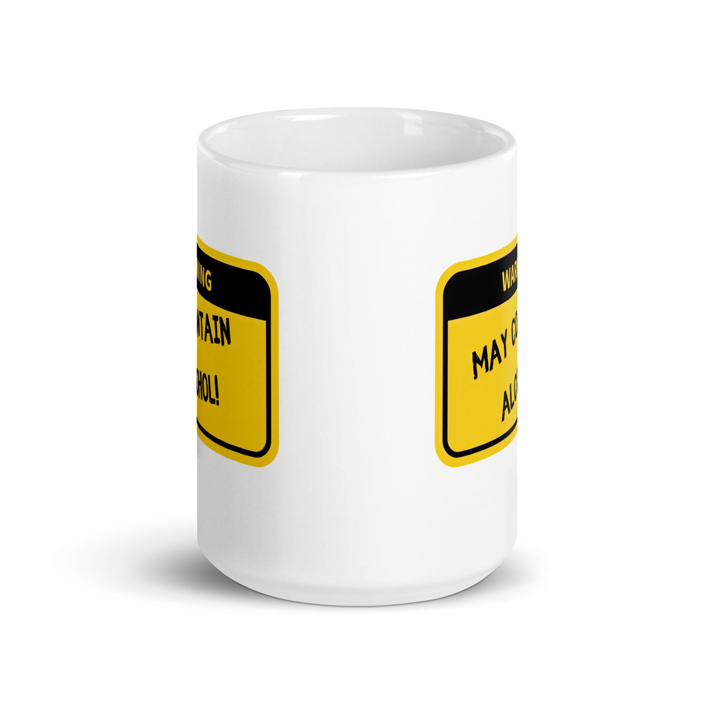 White 15oz tech humor coffee mug with name label that says, ‘Warning: May Contain Alcohol!’