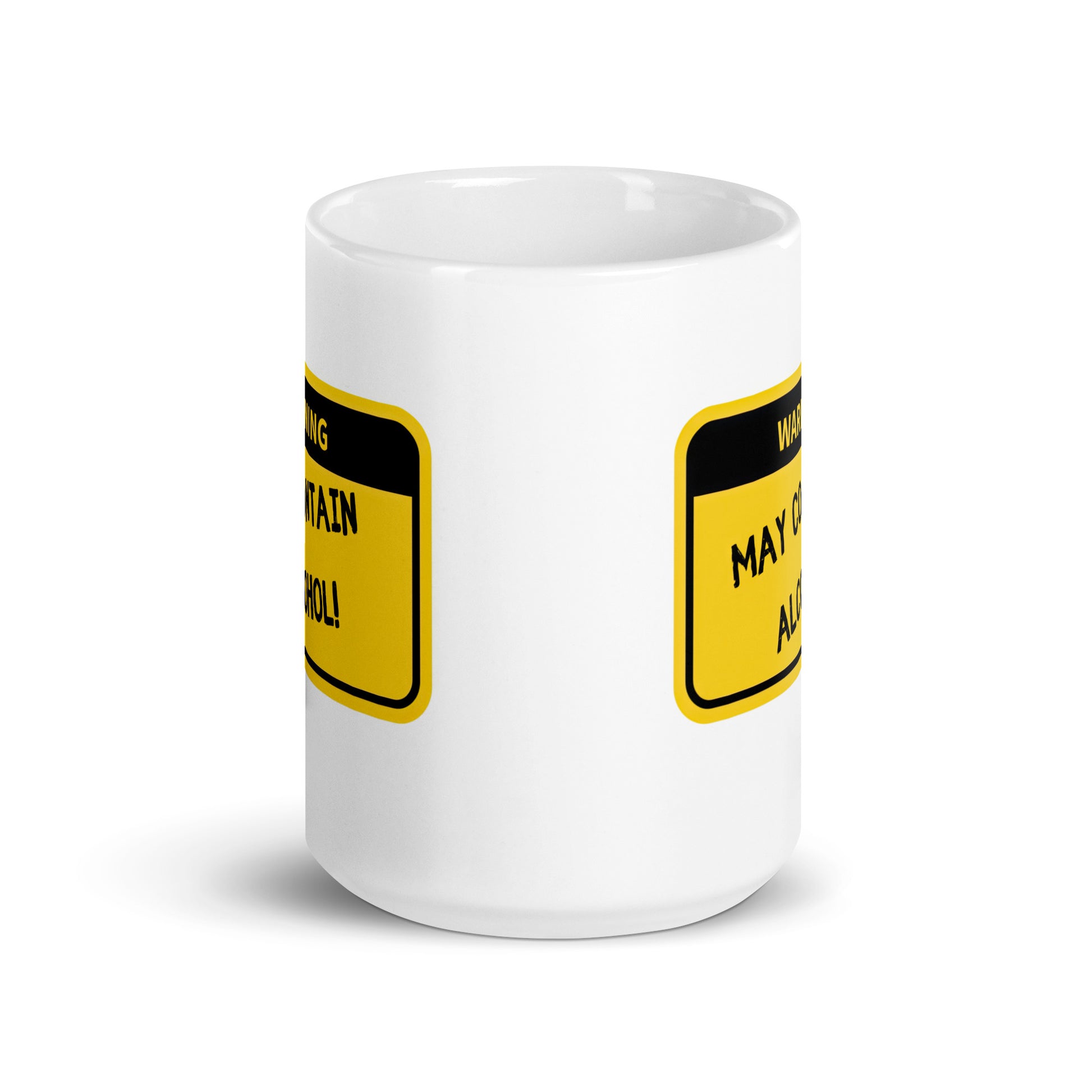 White 15oz tech humor coffee mug with name label that says, ‘Warning: May Contain Alcohol!’