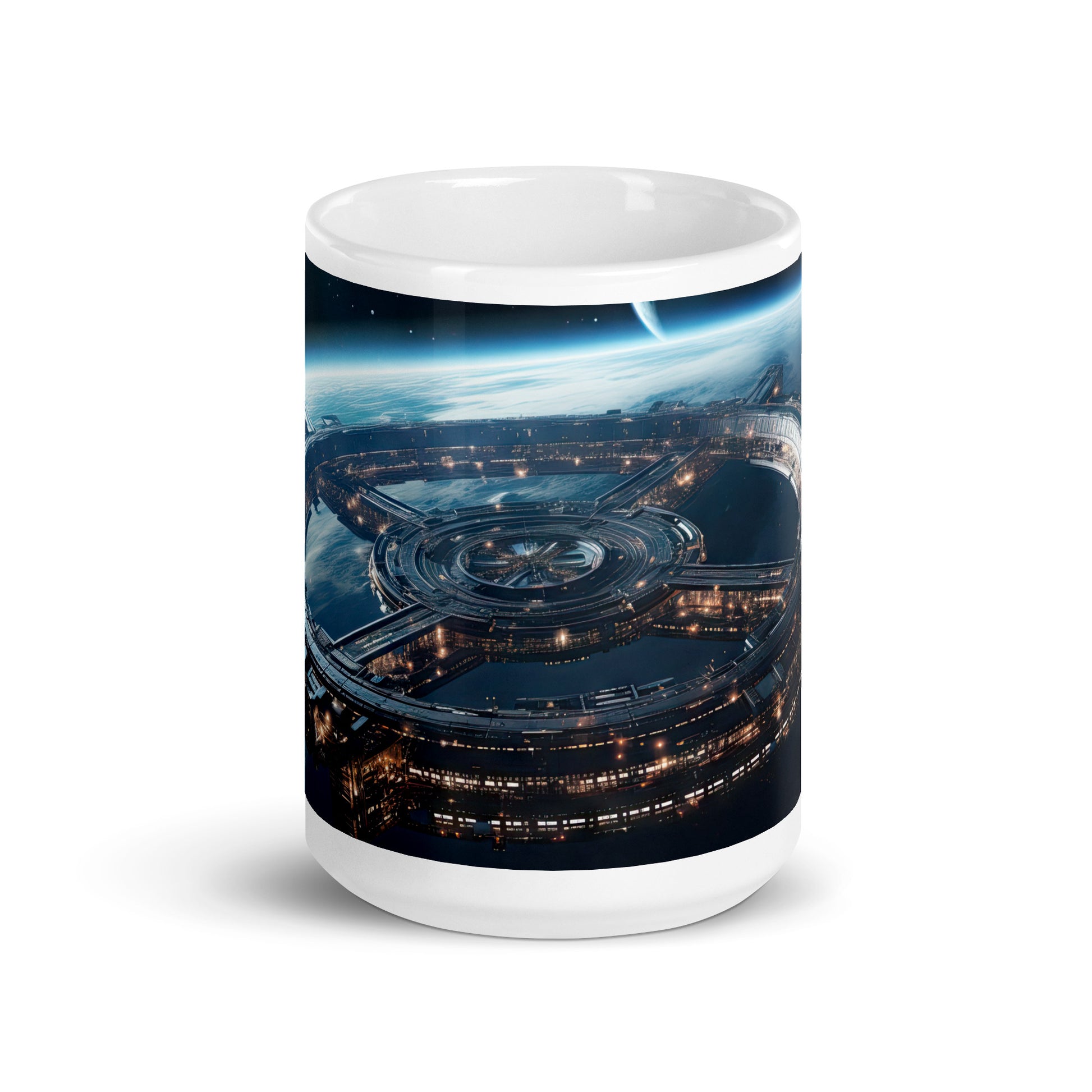 White 11oz sci-fi coffee mug with a full wrap hi-def design of a space station hovering in orbit.