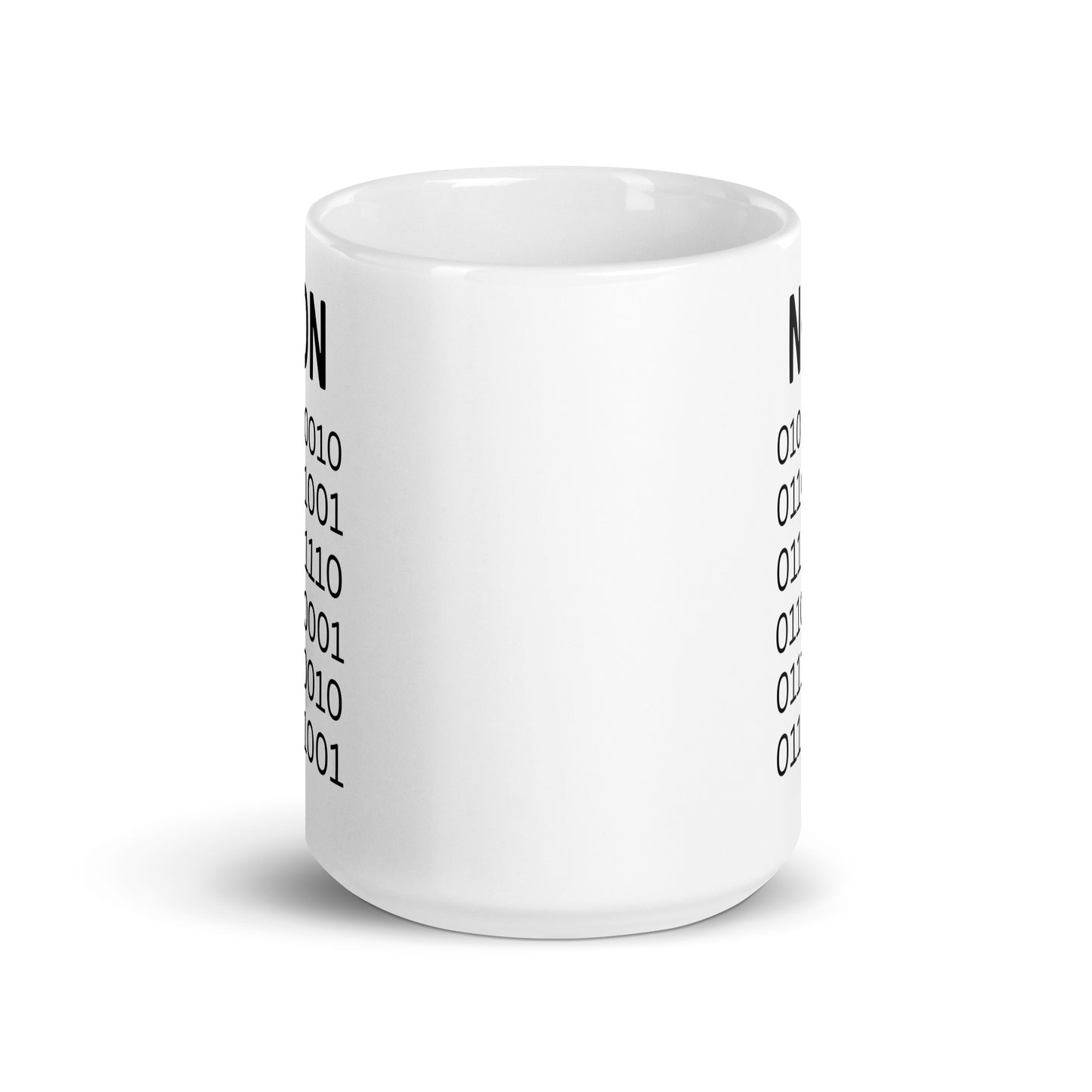 White 15oz tech humor coffee mug with ‘Binary’ displayed in code under the word “Non’.