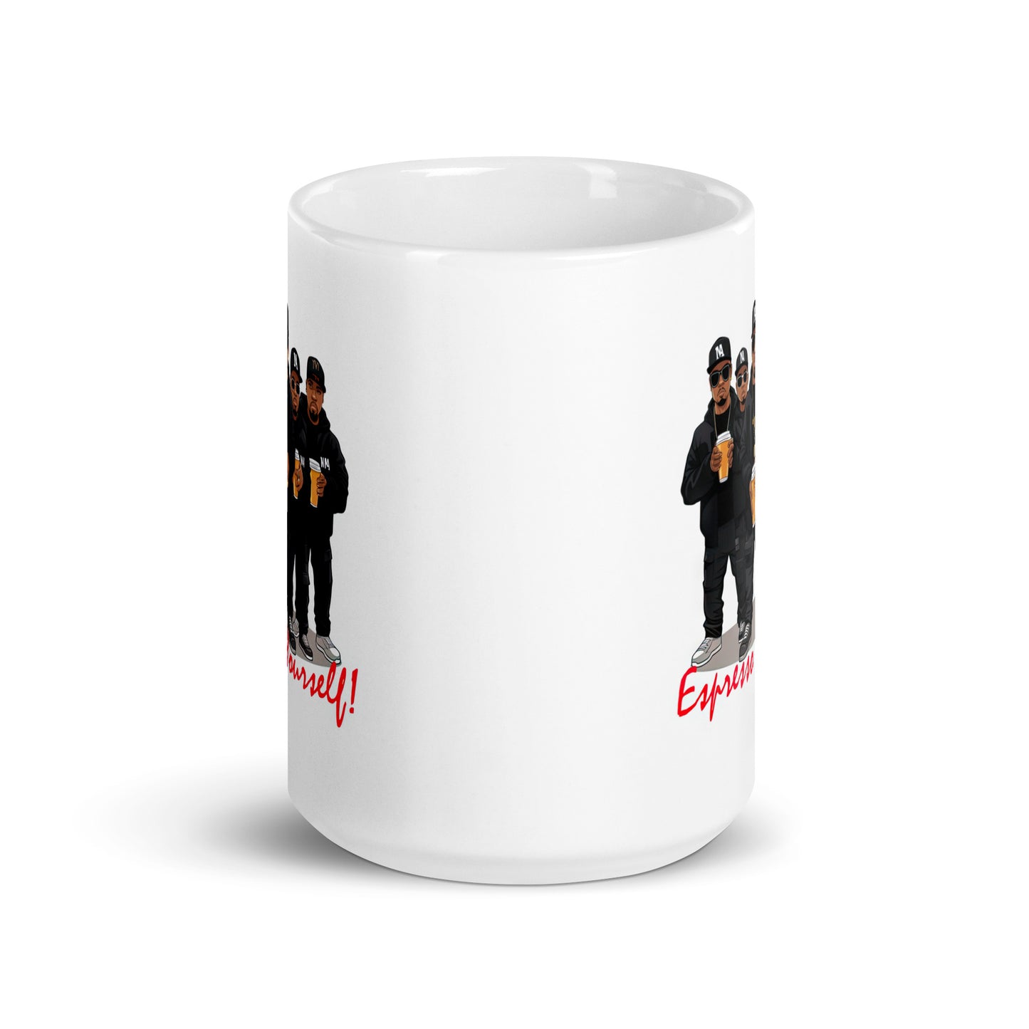 White 15oz retro coffee mug featuring a rap group design with the slogan ‘Espresso Yourself!’