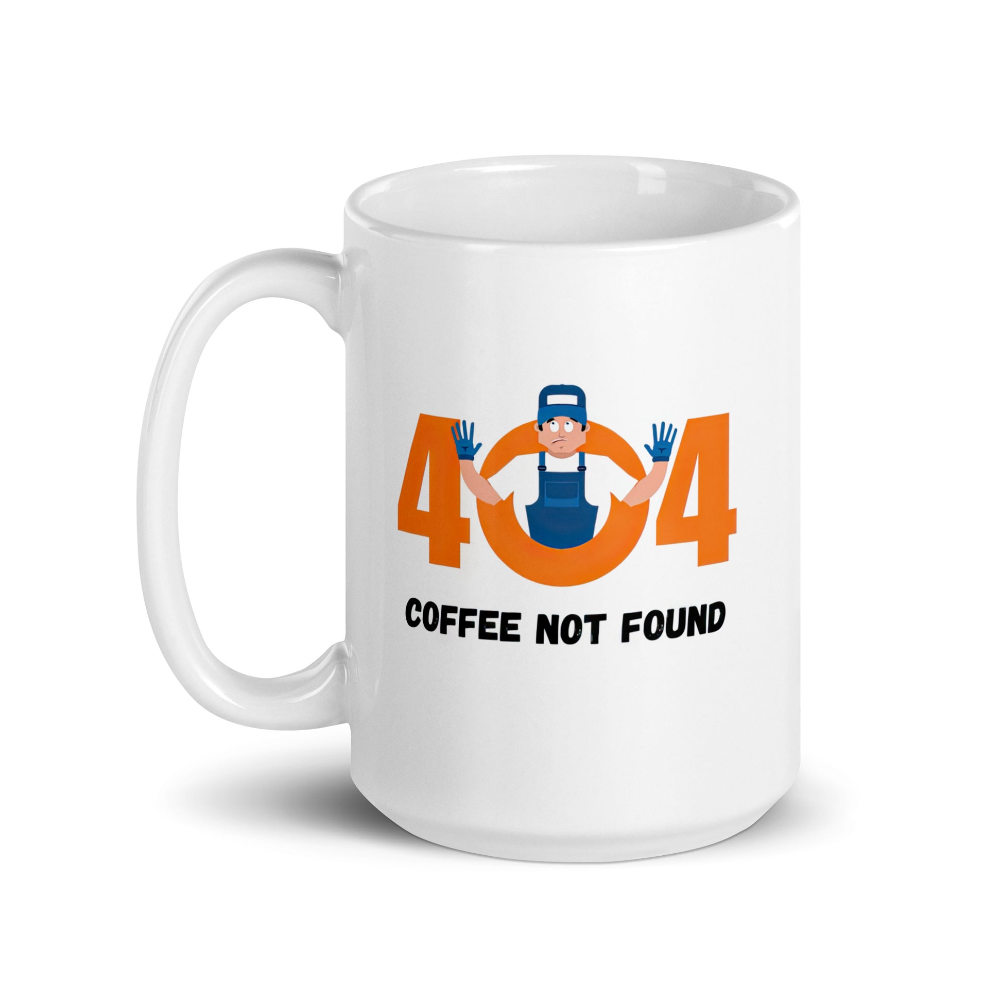 White 15oz tech humor coffee mug featuring slogan “404 Coffee Not Found” with handle on the left.