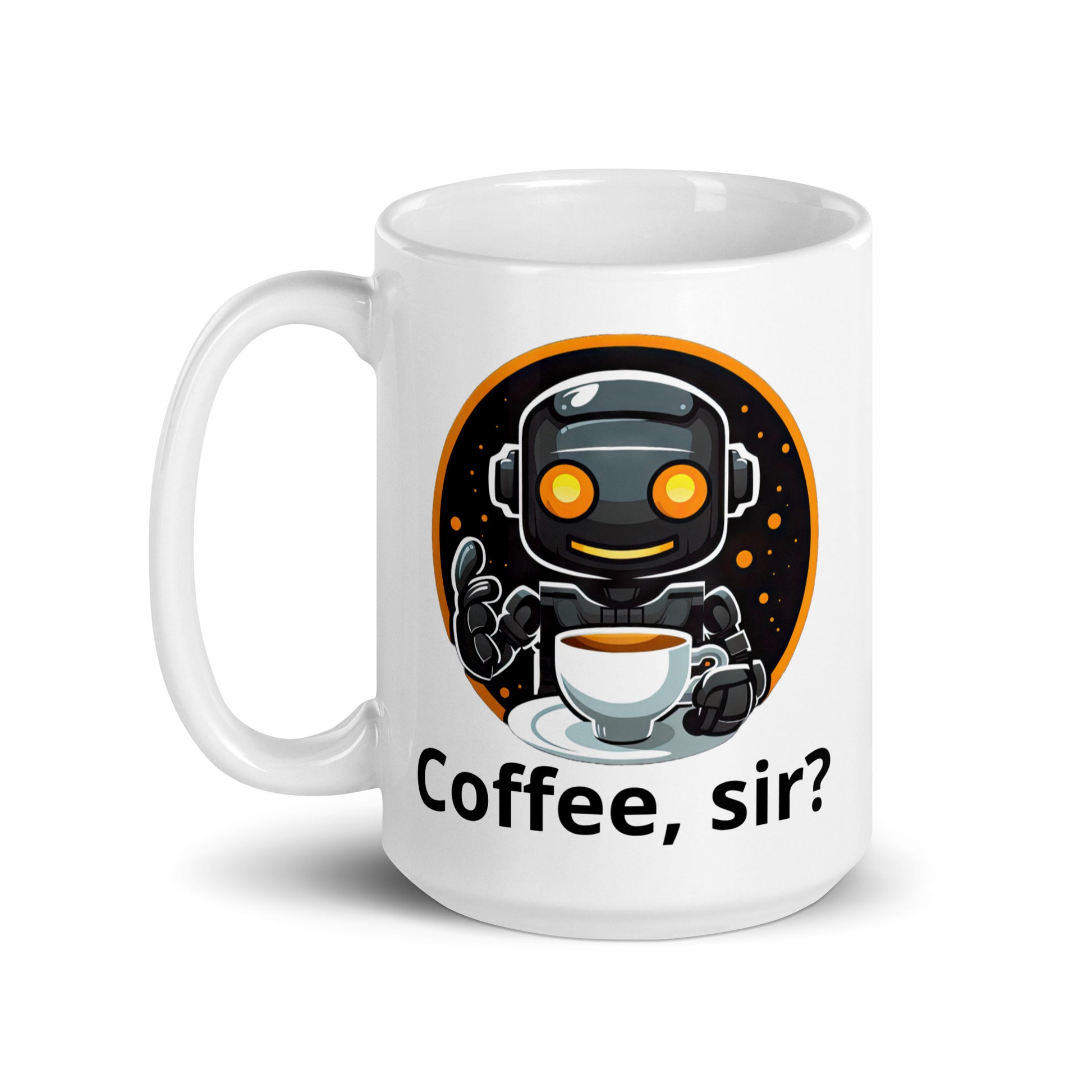 White 15oz robot themed coffee mug featuring a robot barista design with the slogan “Coffee, sir?” with handle on the left.