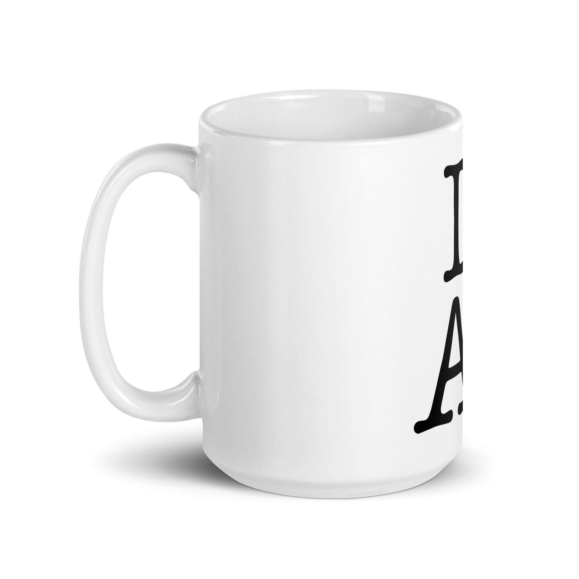 White 15oz AI themed coffee mug with an I Love NY type slogan in the centre ‘I Love AI’ with handle on left.