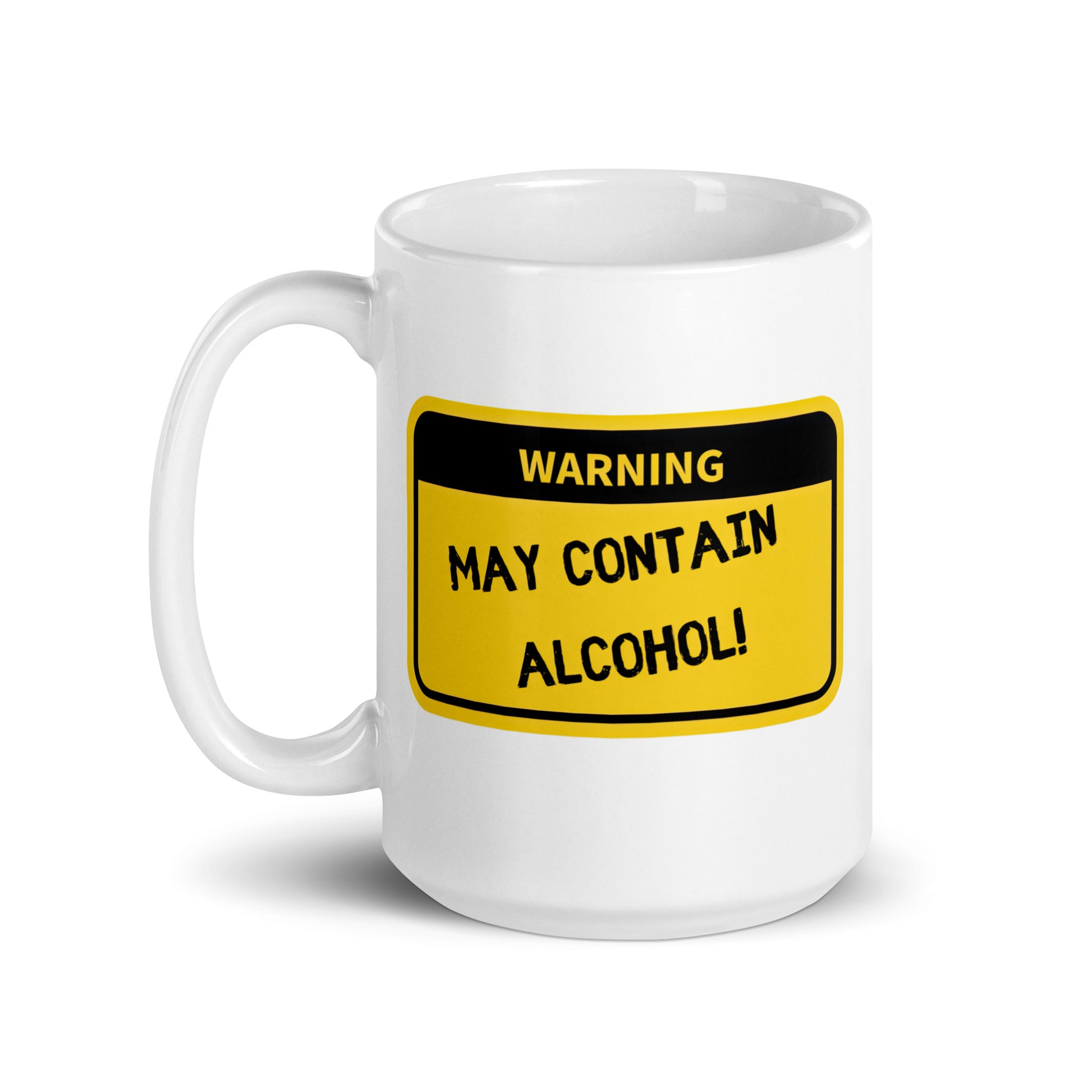 White 15oz tech humor coffee mug with name label that says, ‘Warning: May Contain Alcohol!’ with handle on left.