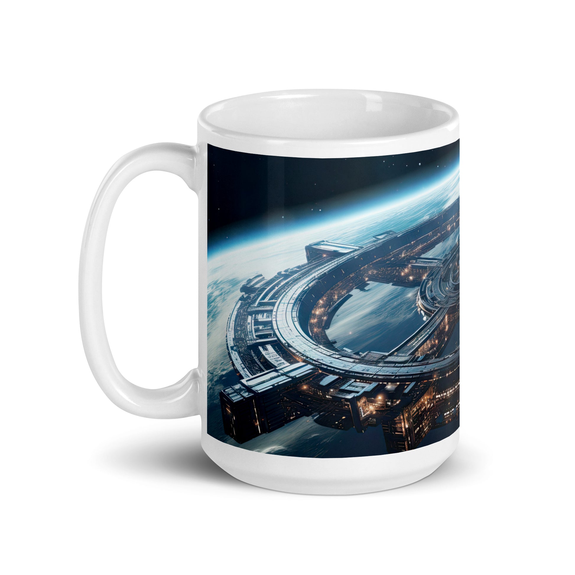 White 15oz sci-fi coffee mug with a full wrap hi-def design of a space station hovering in orbit with handle on the left.