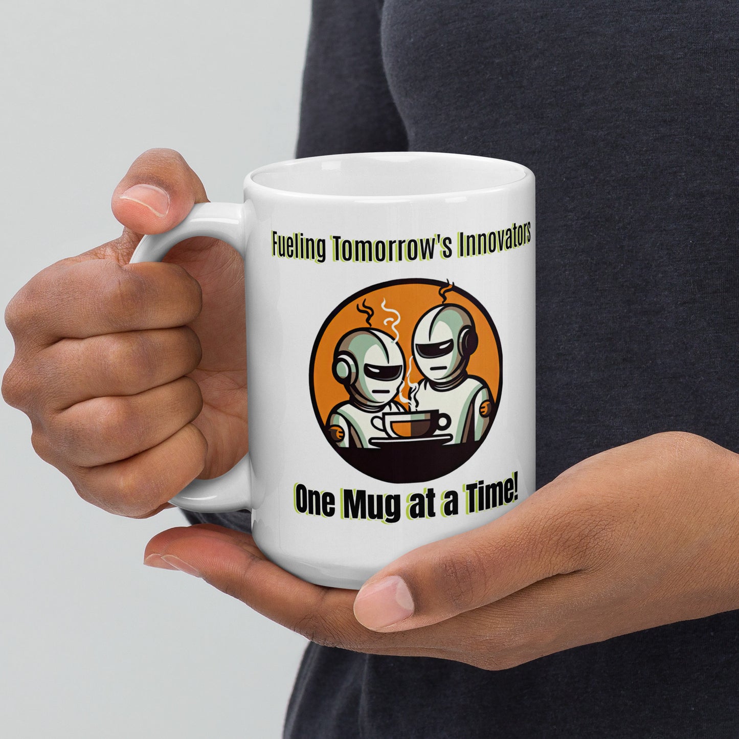 White 15oz robot themed coffee mug with two robot baristas and slogan ‘Fueling Tomorrow's Innovators, One Mug at a Time!’