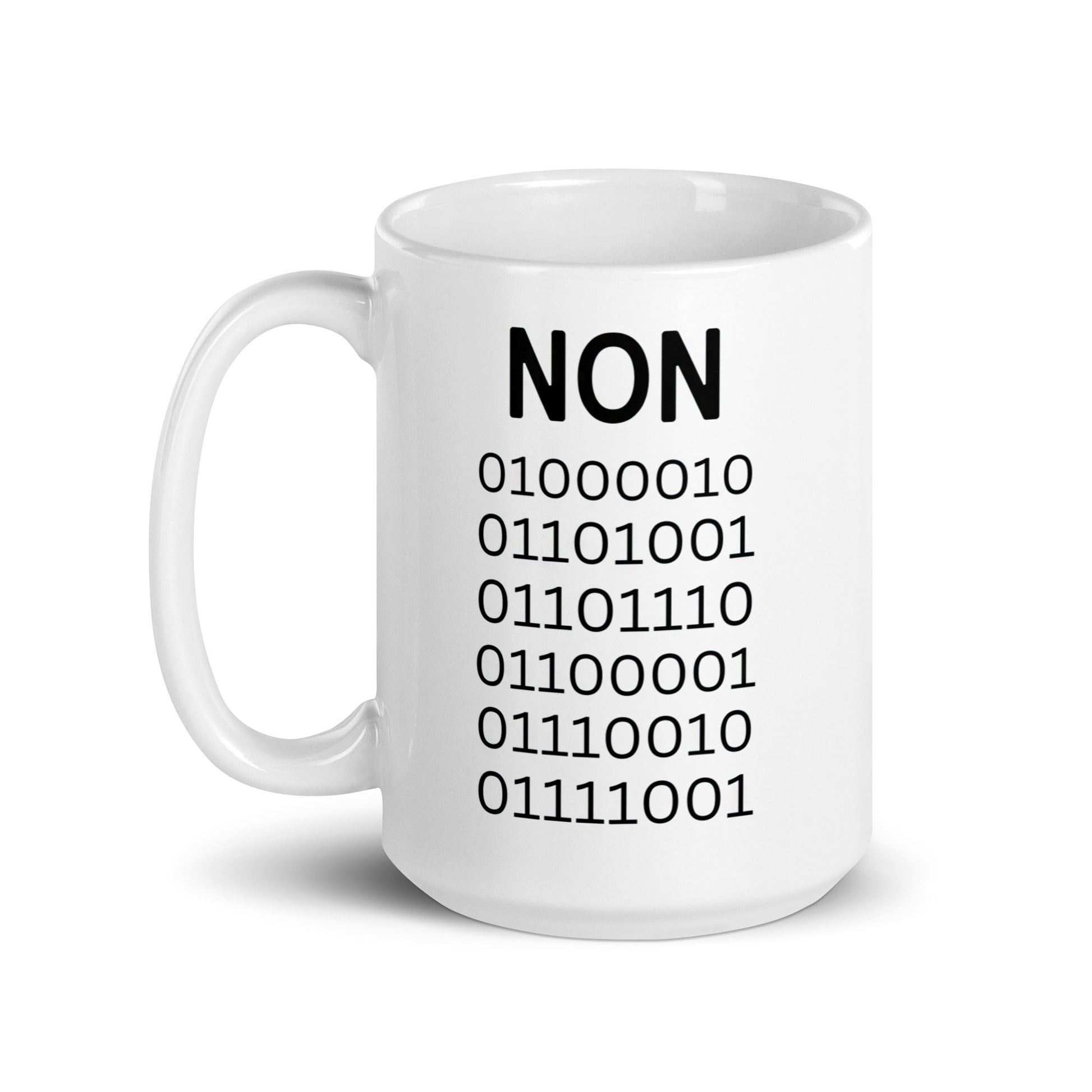 White 15oz tech humor coffee mug with ‘Binary’ displayed in code under the word “Non’ with handle on the left.