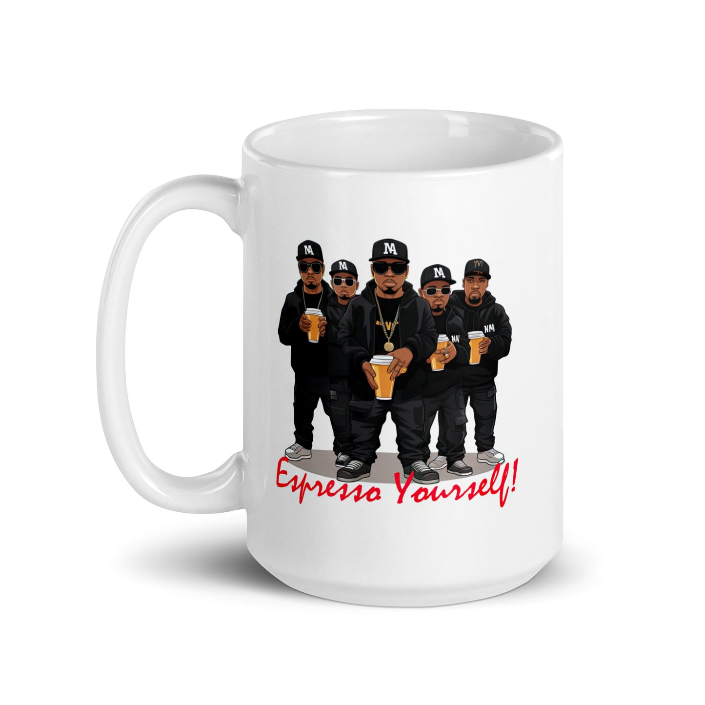 White 15oz retro coffee mug featuring a rap group design with the slogan ‘Espresso Yourself!’ with handle on the left.