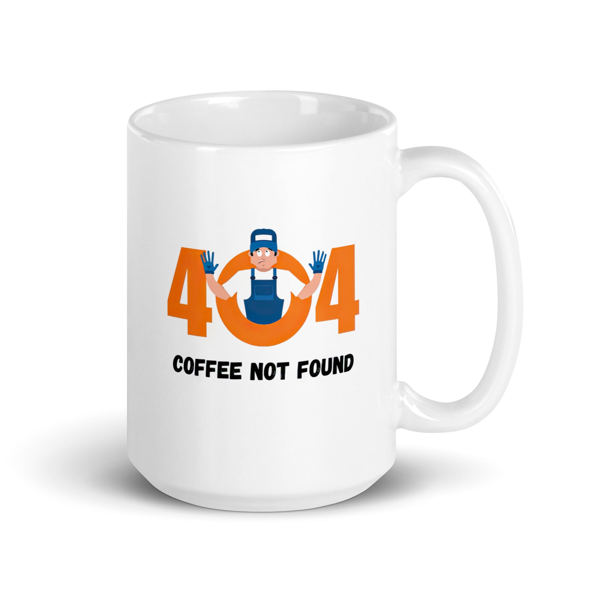 White 15oz tech humor coffee mug featuring slogan “404 Coffee Not Found” with handle on the right.