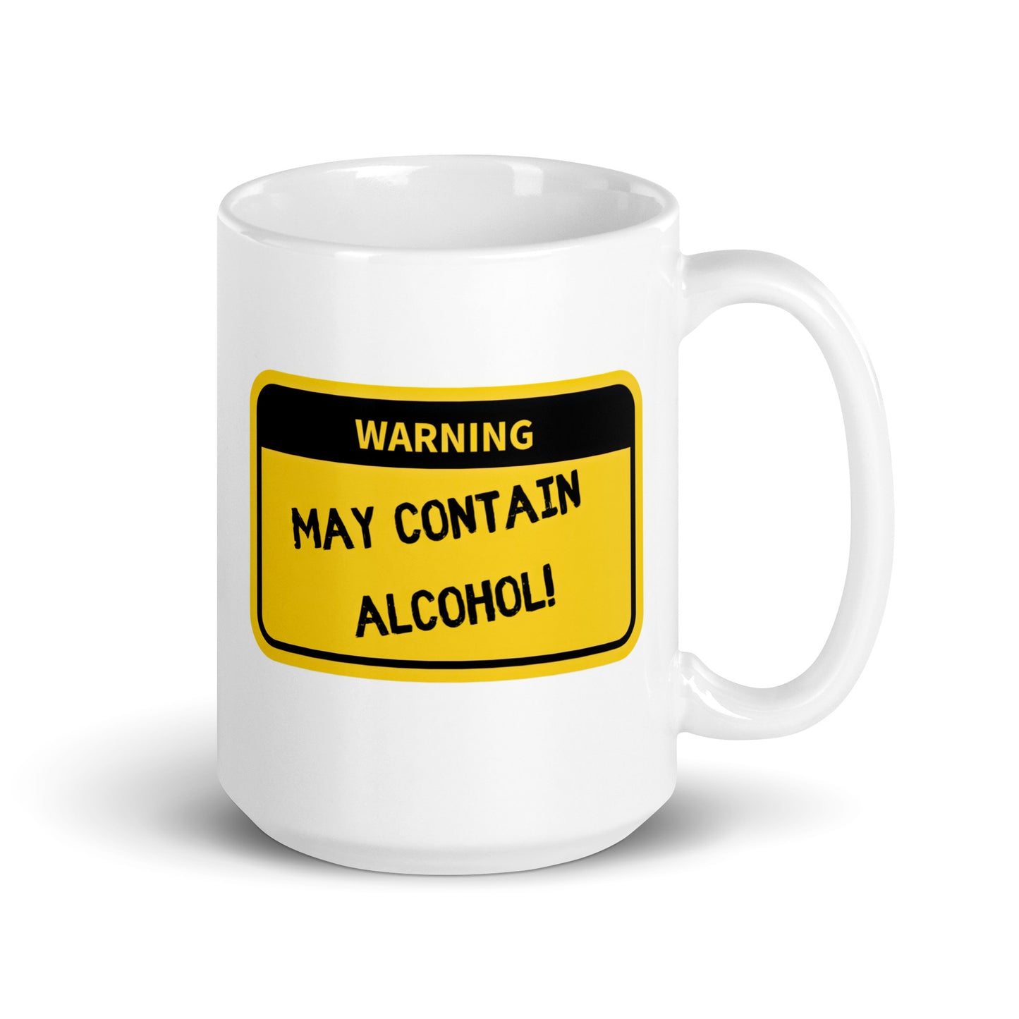 White 15oz tech humor coffee mug with name label that says, ‘Warning: May Contain Alcohol!’ with handle on right.