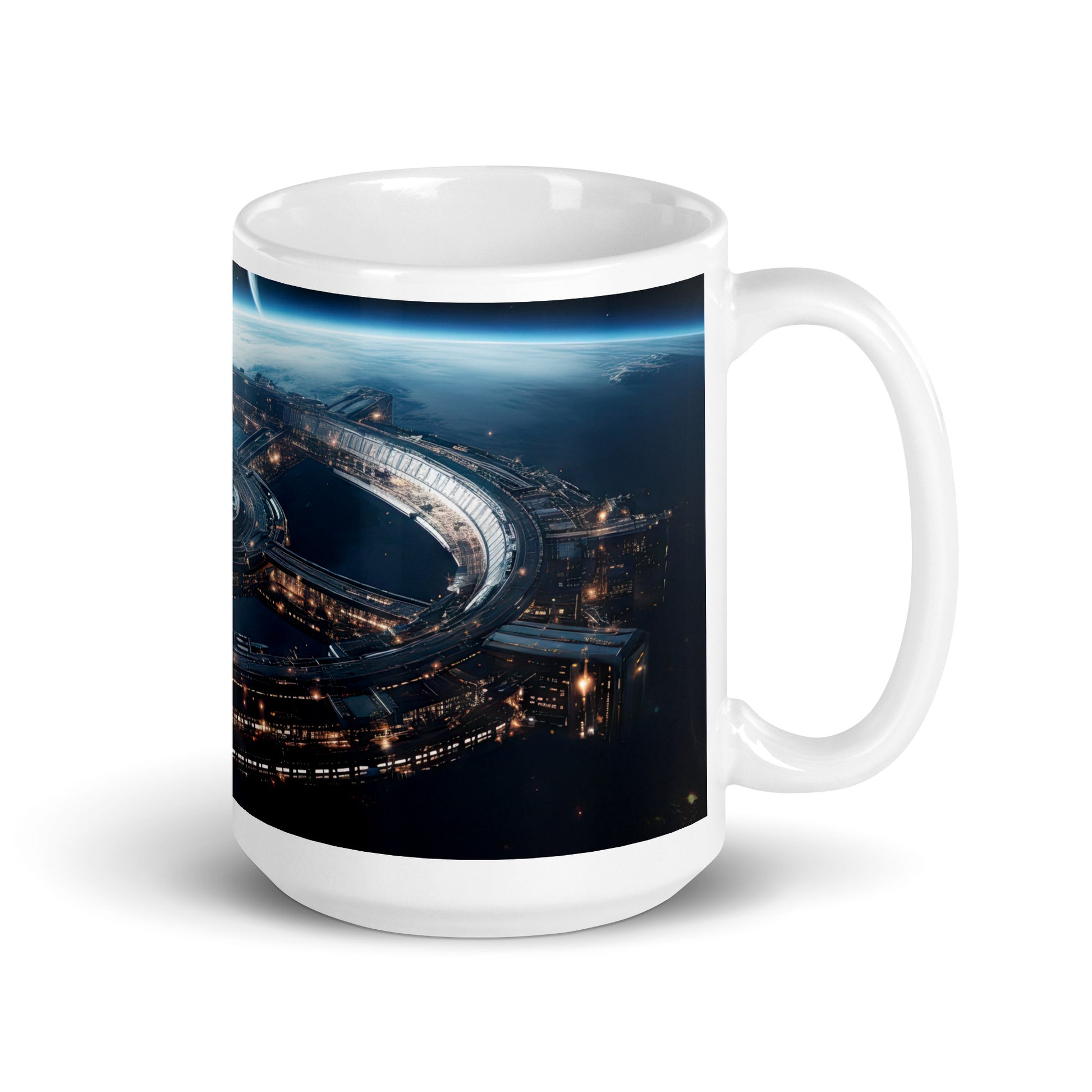 White 15oz sci-fi coffee mug with a full wrap hi-def design of a space station hovering in orbit with handle on the right.