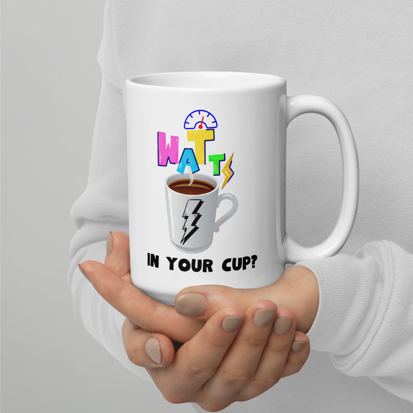 White 15oz EV themed coffee mug with a coffee mug and electricity that says, ‘Watts in Your Cup?’ with handle on right.