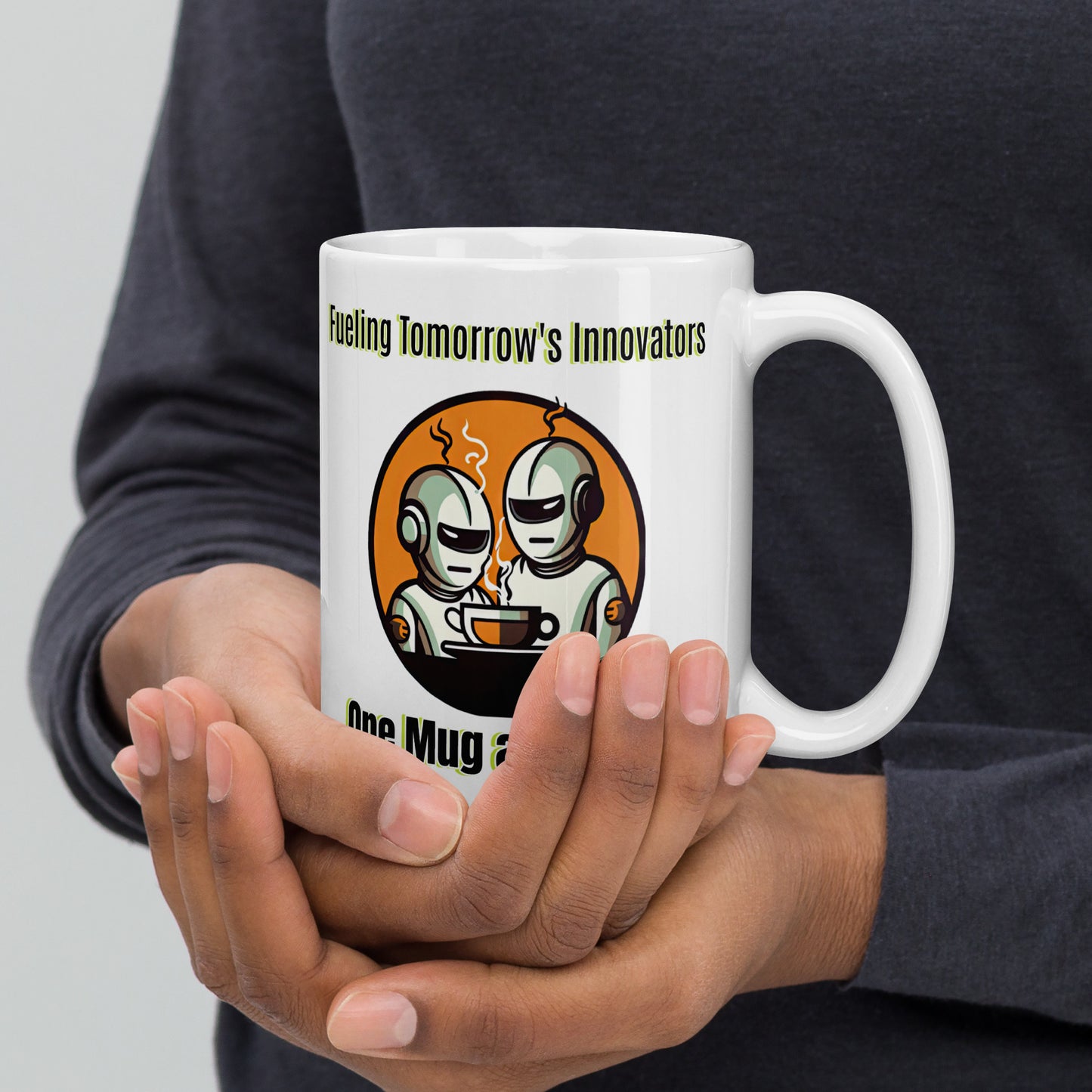 White 15oz robot themed coffee mug with two robot baristas and slogan ‘Fueling Tomorrow's Innovators, One Mug at a Time!’