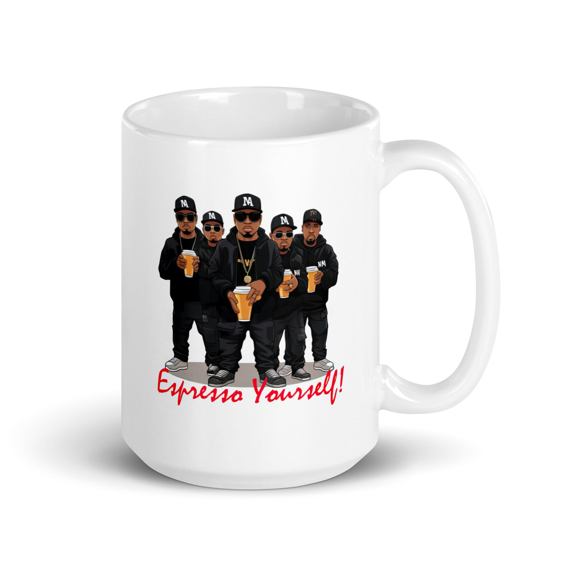 White 15oz retro coffee mug featuring a rap group design with the slogan ‘Espresso Yourself!’ with handle on the right.