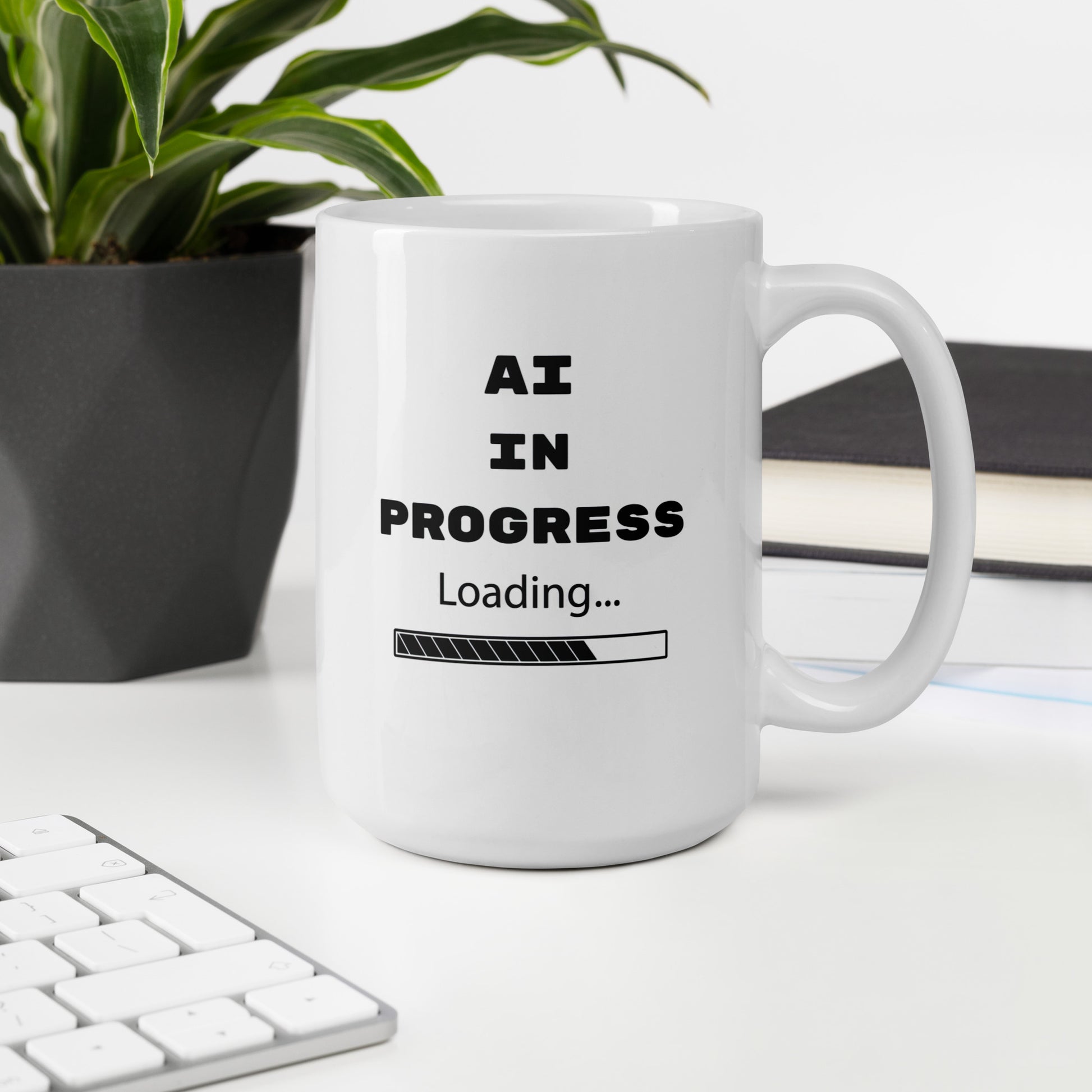 White 15oz tech humor and AI coffee mug featuring slogan “AI in Progress” with handle on the right.