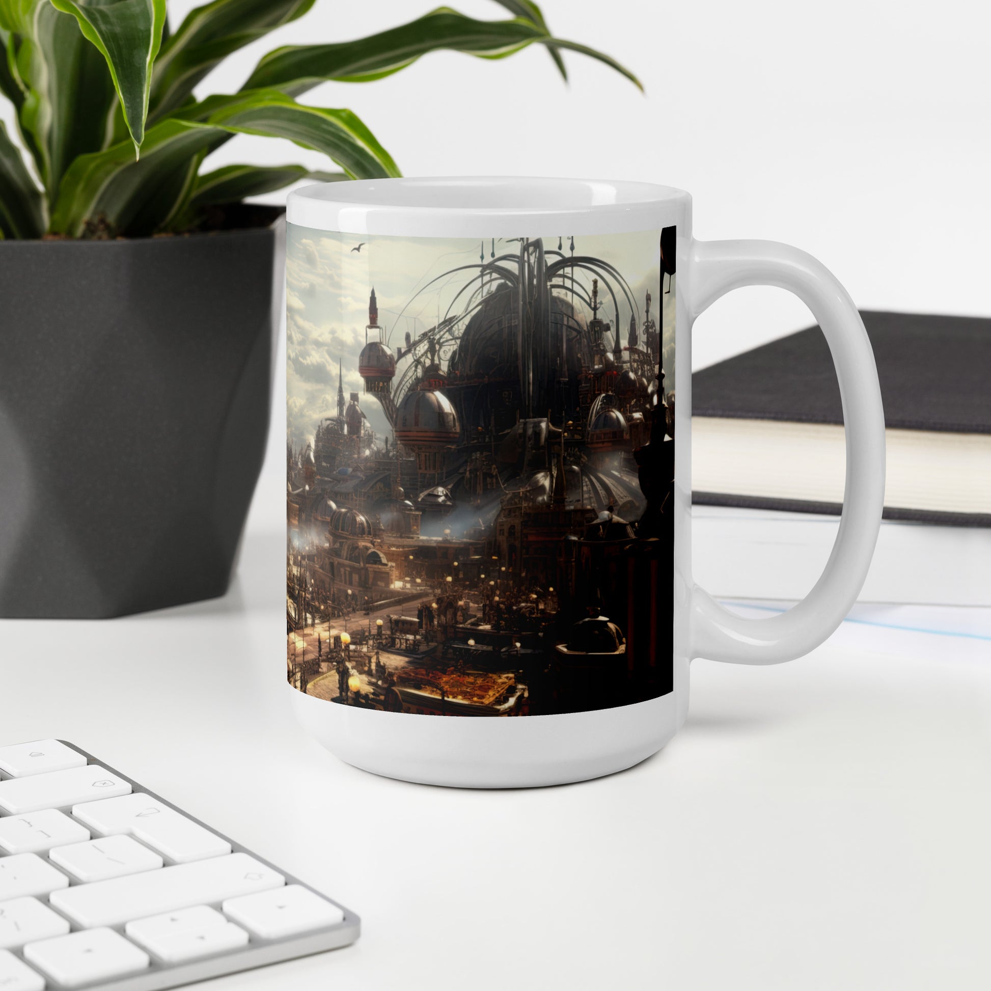 White 15oz sci-fi coffee mug with a full wrap hi-def design of a Steampunk Metropolis with handle on the right on office desk.