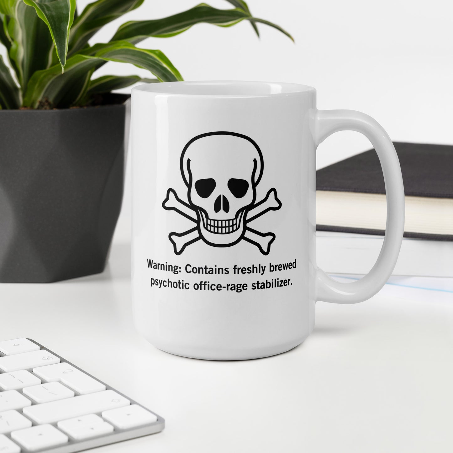 White 15oz tech humor coffee mug with poison logo and slogan ‘Warning: Contains freshly brewed psychotic office-rage stabilizer.’