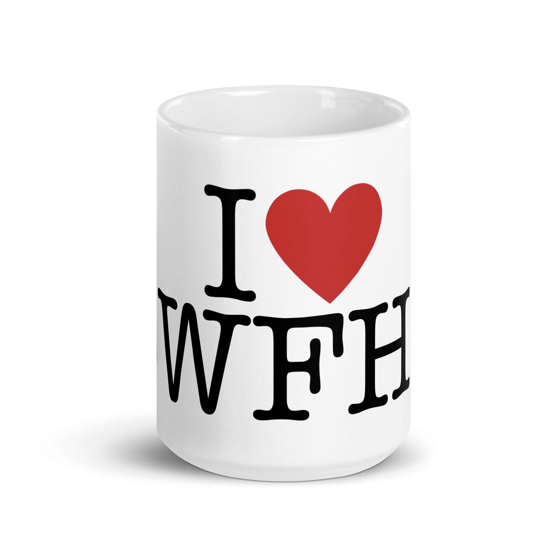 White 15oz tech humor coffee mug with an I Love NY style design in the center that reads ‘I Love WFH’.