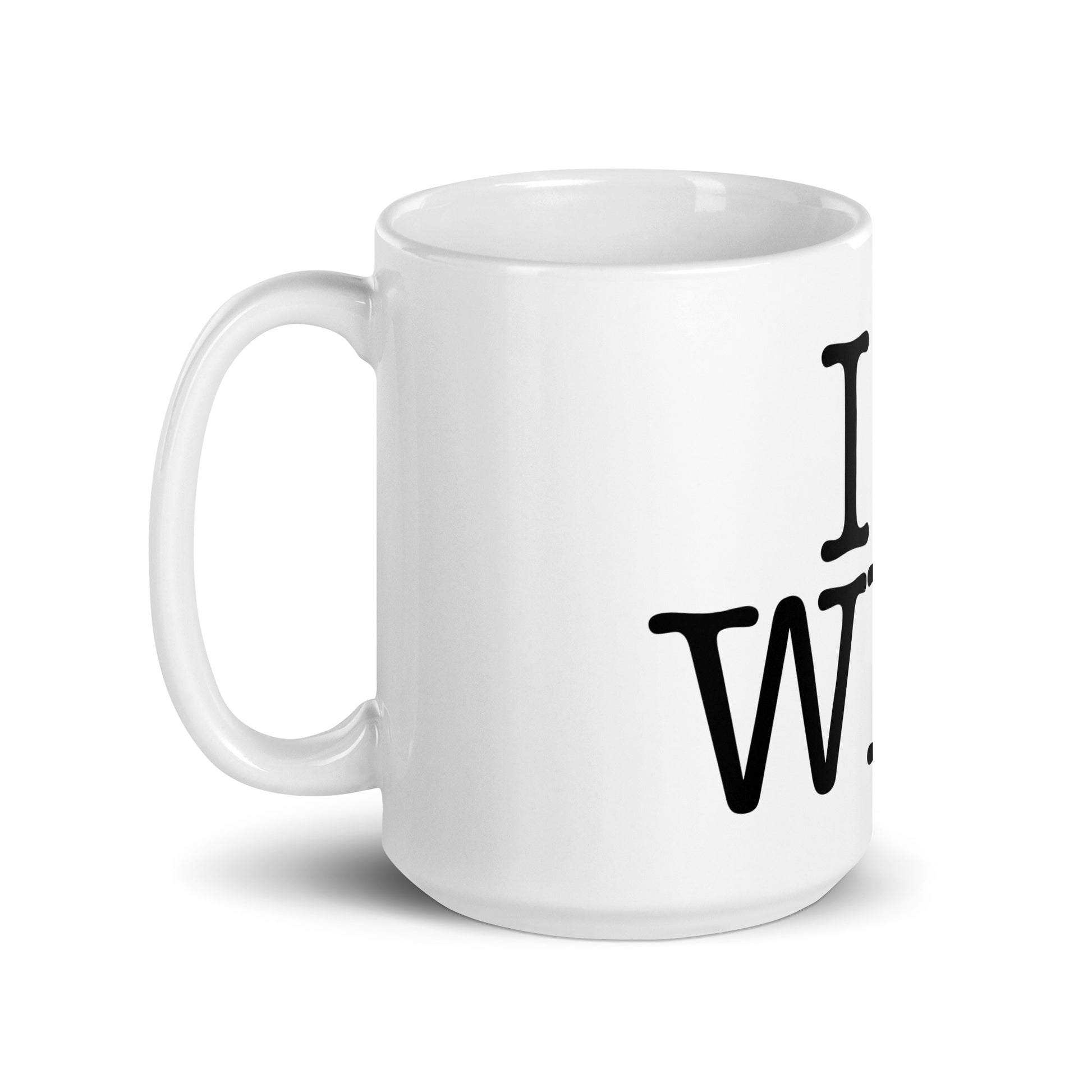 White 15oz tech humor coffee mug with an I Love NY style design in the center that reads ‘I Love WFH’ with handle on left.