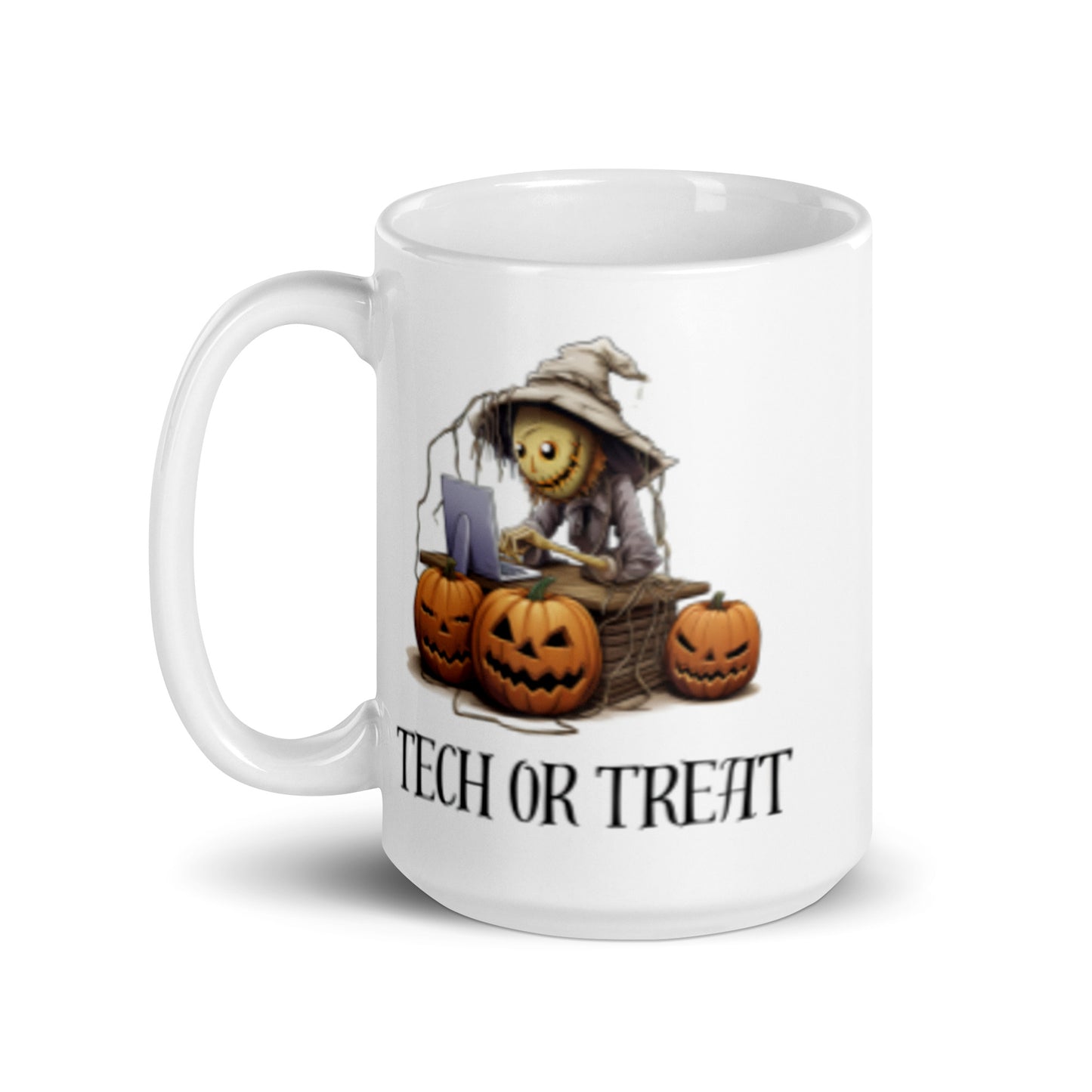 White 15oz tech humor horror coffee mug with a scarecrow on laptop surrounded by pumpkins and the slogan ‘Tech or Treat’.